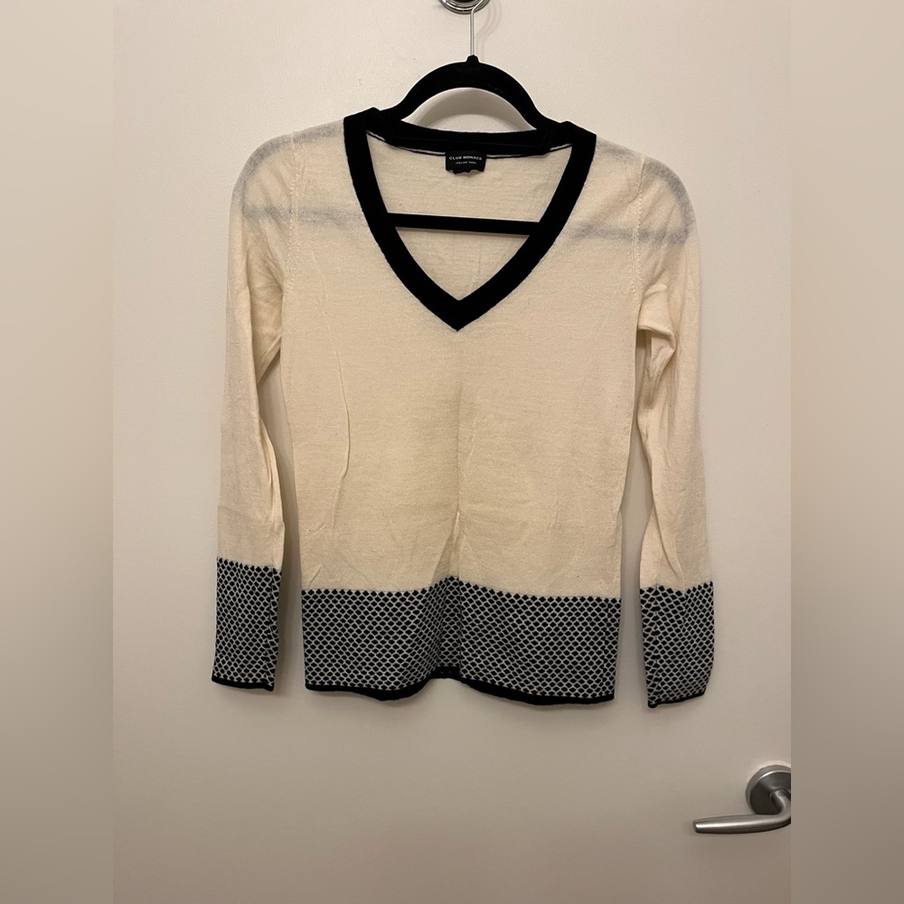 Club Monaco Cream and Black V-Neck Sweater with Polka Dot Design
